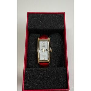 Peugeot 3017 Womens Gold Tank Watch Mother of Pearl Dial Red Leather Strap New